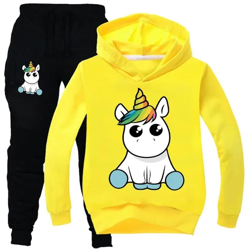 Cute Seated Unicorn Print Girls Boys Cotton Hoodie And Sweatpants Suit