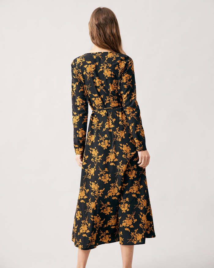 The Black V Neck Floral Long Sleeve Maxi Dress