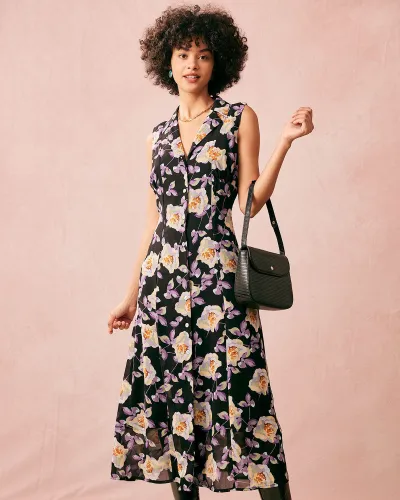 The Lapel Floral Sleeveless Midi Dress