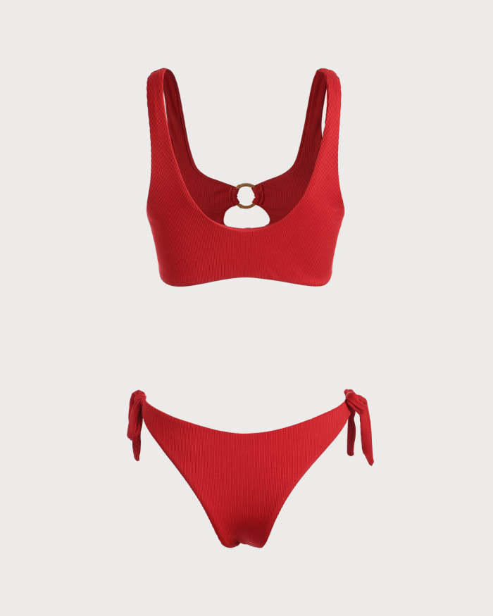 The Red Round Neck Ribbed O-Ring Bikini Set