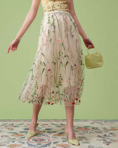 The High Waisted Floral Embroidery A-Line Midi Skirt