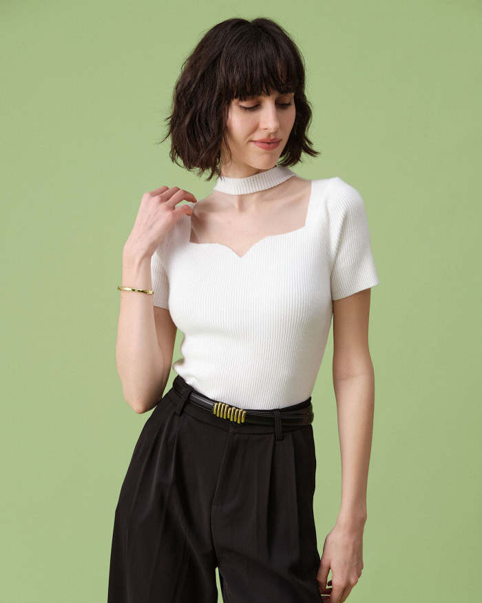 The White Mock Neck Cutout Short Sleeve Knit Top