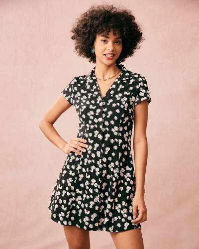 The Black Lapel Floral Short Sleeve Mini Dress