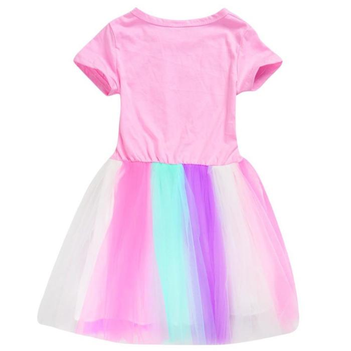 3-9 Years Girls Pink Dj Marshmello Short Sleeve Rainbow Tulle Dress