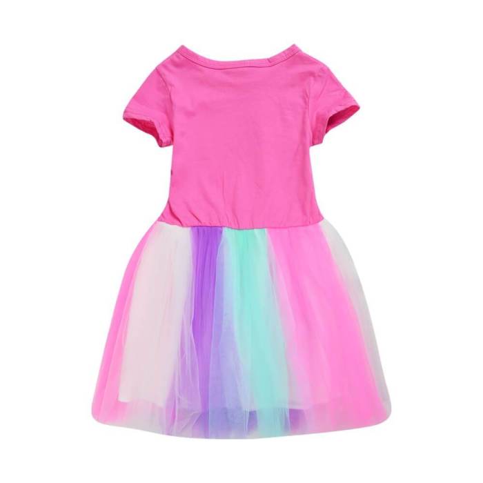Game Print Girls Pink Short Sleeve Rainbow Tulle Cotton Dress