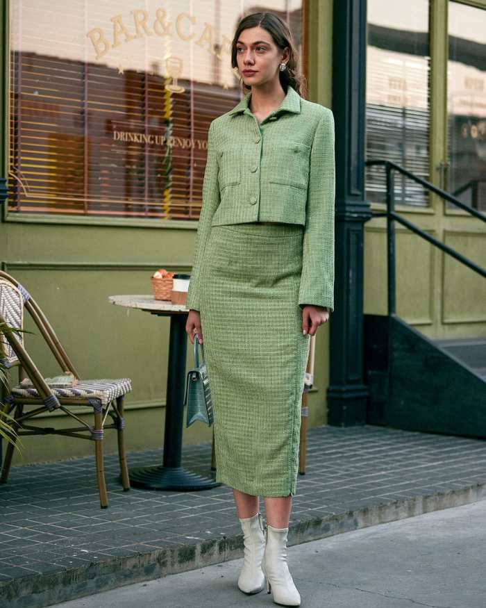 The High Waisted Slit Plaid Tweed Skirt