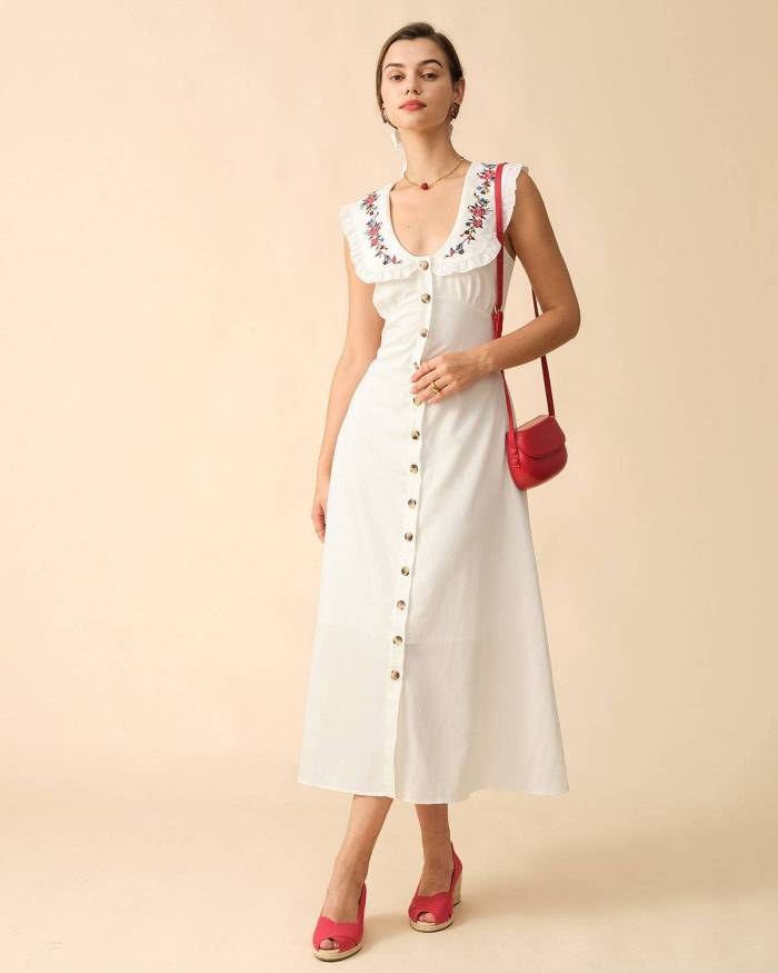 The Lapel Embroidered Single-Breasted Maxi Dress