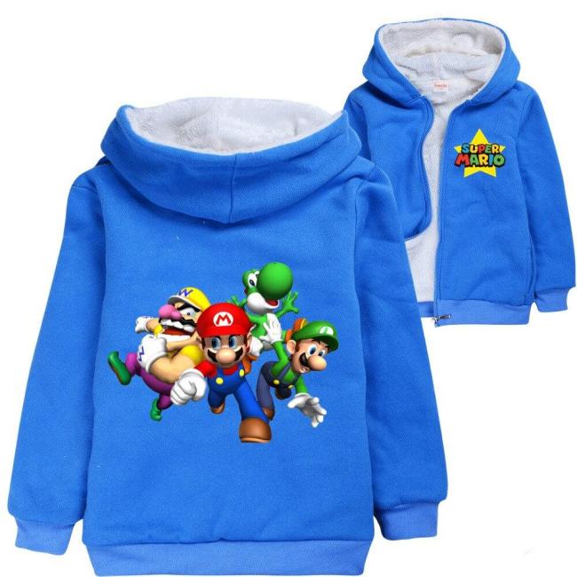 Super Mario Print Boys Child Fleece Lined Blue Zip Up Cotton Hoodie