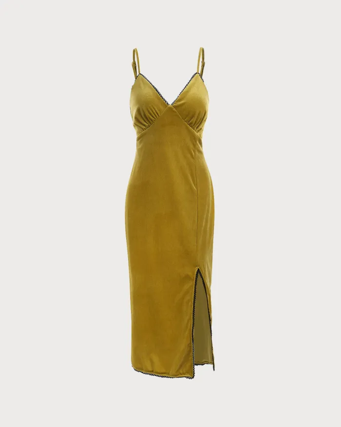 The Solid V Neck Lace Trim Slit Midi Dress