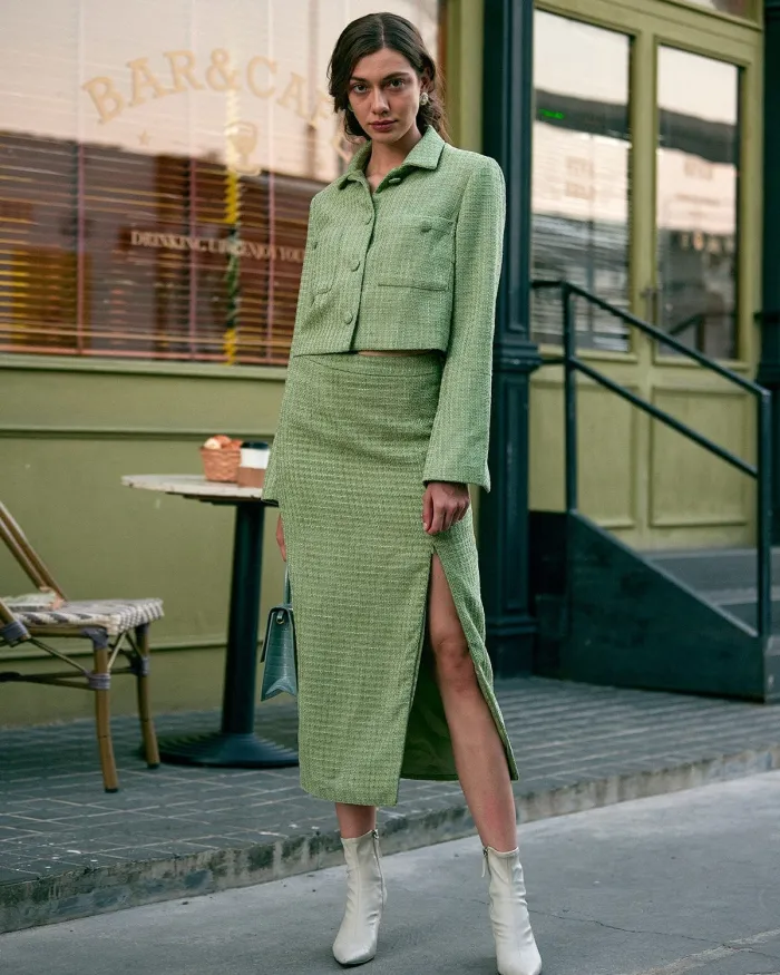 The High Waisted Slit Plaid Tweed Skirt