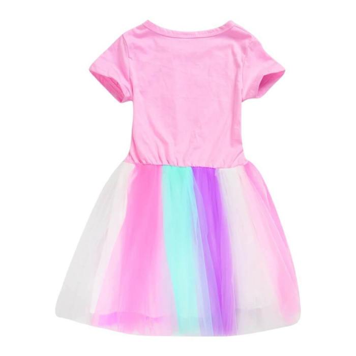 Minecraft Print Girls Short Sleeve Pink Cotton Top Rainbow Tulle Dress