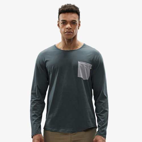 Men Cotton Pocket T-Shirt Crew Neck Shirts With Curved Hem