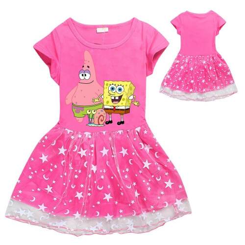 Spongebob And Fat Star Print Girls Short Sleeve Pink Stars Tulle Dress