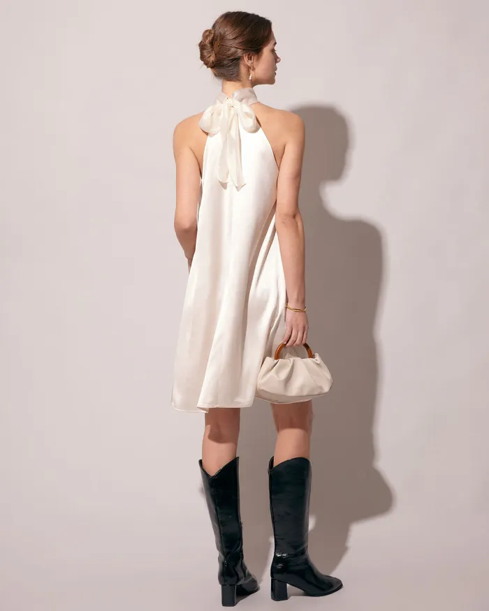 The Apricot Halter Satin A-Line Mini Dress