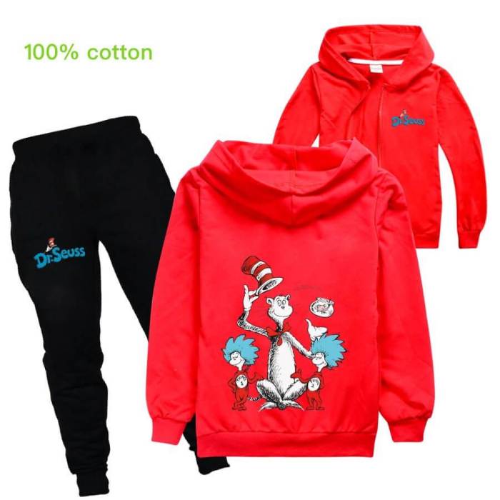Dr. Seuss Cat Print Girls Boys Cotton Zip Up Hoodie And Sweatpants Set