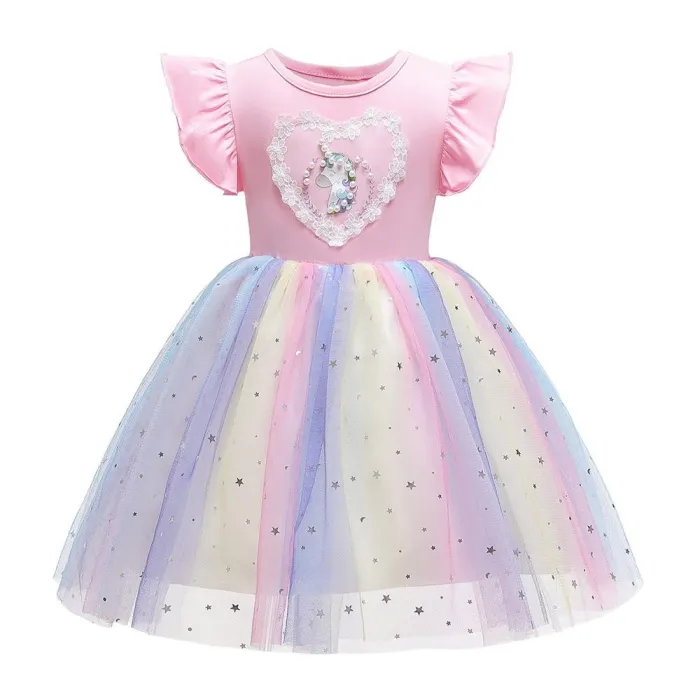 Summer Heart Beaded Unicorn Stars Sequin Rainbow Tulle Party Dress