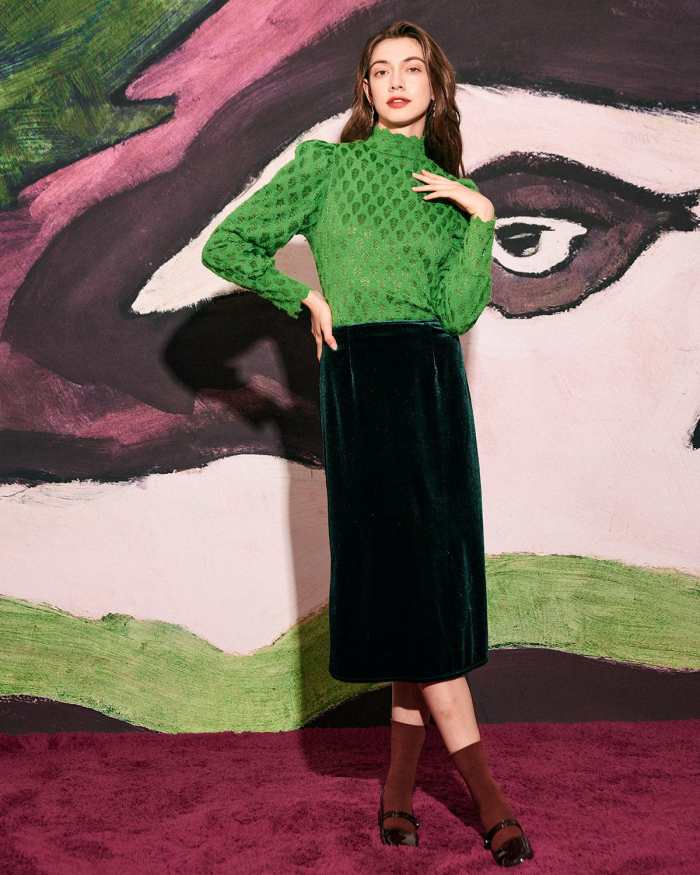 The Green Mock Neck Puff Sleeve Textured Knit Top