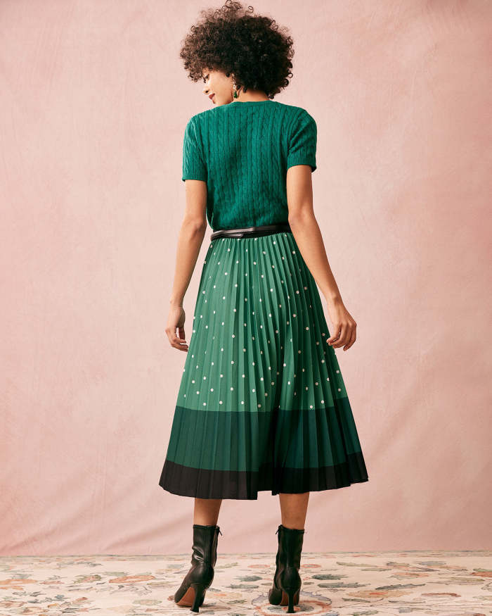 The High Waisted Color Block Polka Dot Pleated Skirt