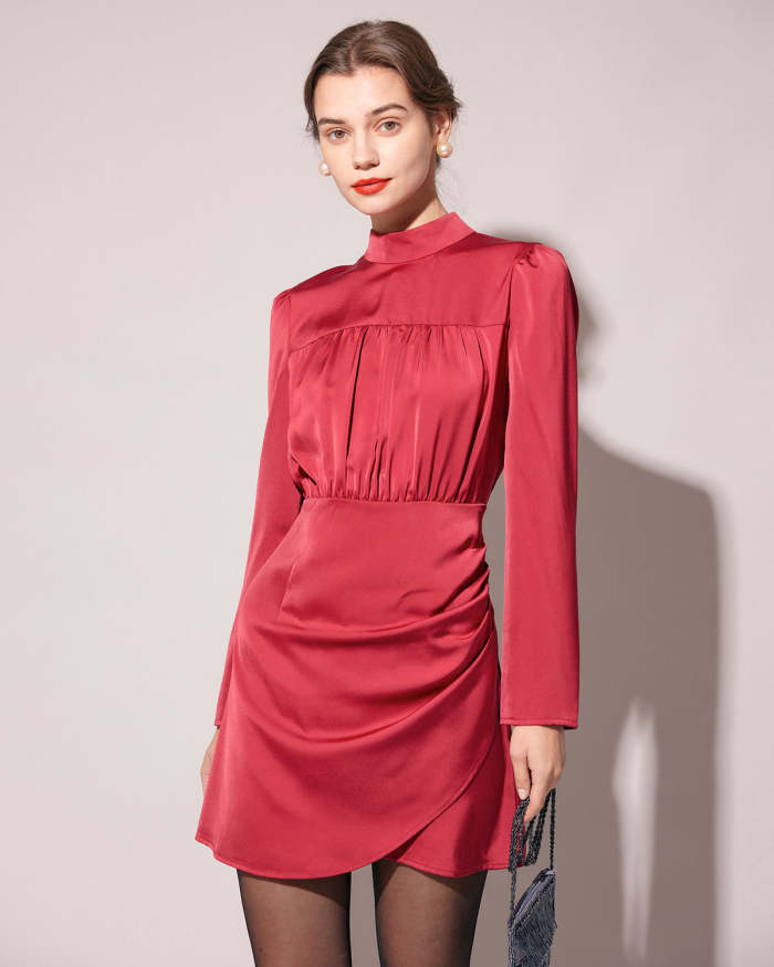 The Red Mock Neck Ruched Long Sleeve Mini Dress