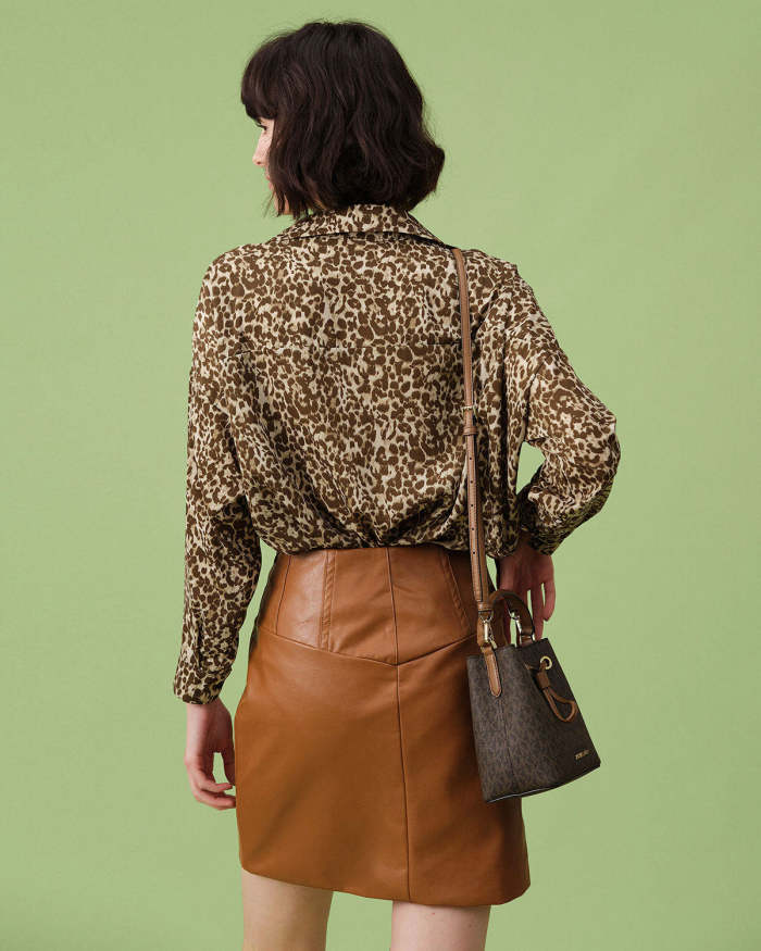 The Brown Lapel Long Sleeve Leopard Shirt