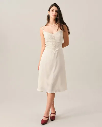 The V Neck Lace Patchwork Midi Dress