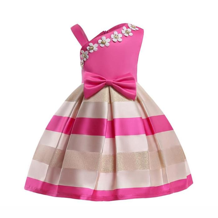Girls Deep Pink Irregular Shoulder Beaded Bowknot Party Gown Dress