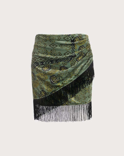 The Green High Waisted Fringe Ruched Mini Skirt