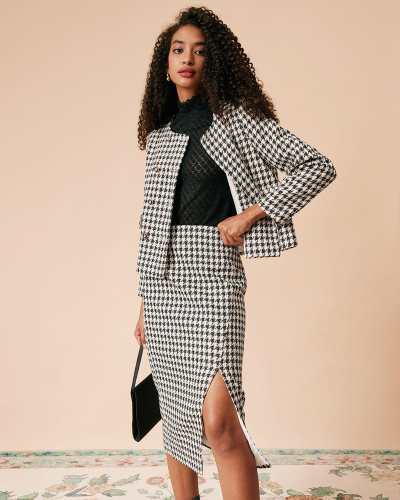 The High Waisted Plaid Tweed Slit Skirt