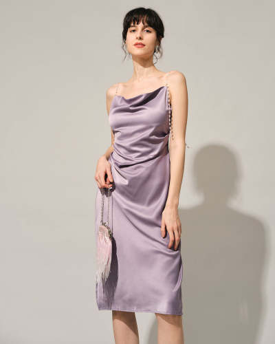 The Solid Cowl Neck Pearl Strap Midi Dress