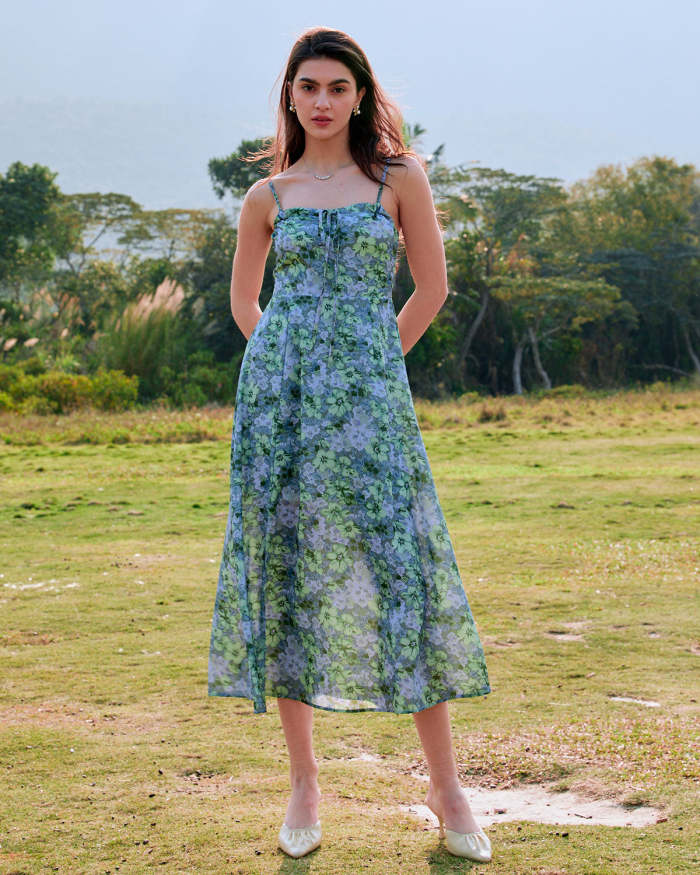 The Green Sweetheart Neck Floral Slip Midi Dress