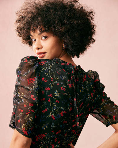The Round Neck Floral Mesh Midi Dress