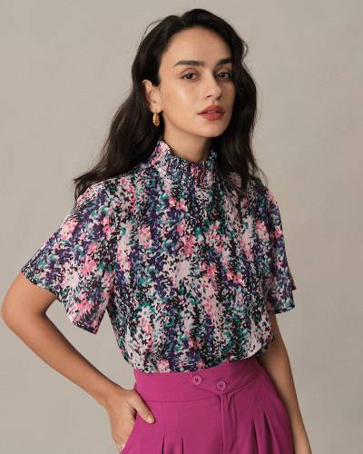 The Floral Shirred Turtleneck Blouse