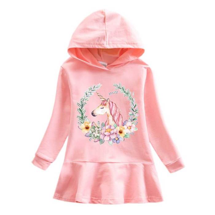 Girls Pink Unicorn Print Hooded Long Sleeve Frill Hem Cotton Dress