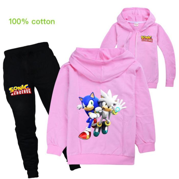 Girls Boys Sonic The Hedgehog Print Zip Up Cotton Hoodie Jogger Pants