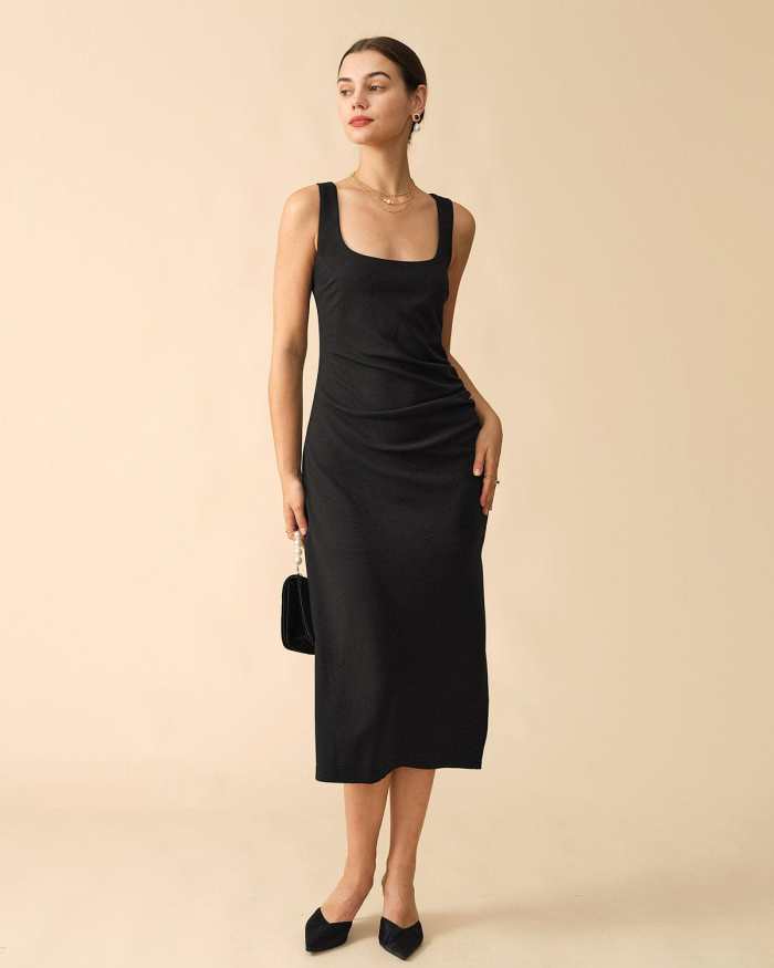 The Solid Ruched Side Slit Midi Dress