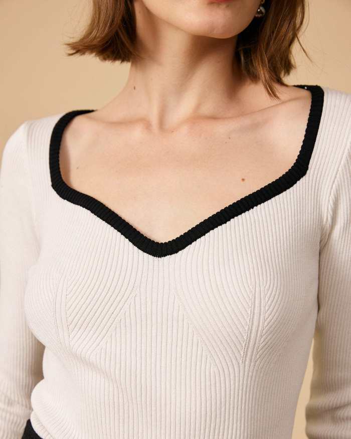 The Contrasting Sweetheart Neck Ribbed Knit Top