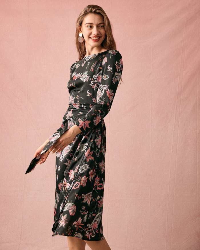 The Floral Ruched Long Sleeve Midi Dress