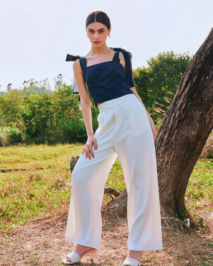 The White Pleated Straight Leg High Waisted Pants