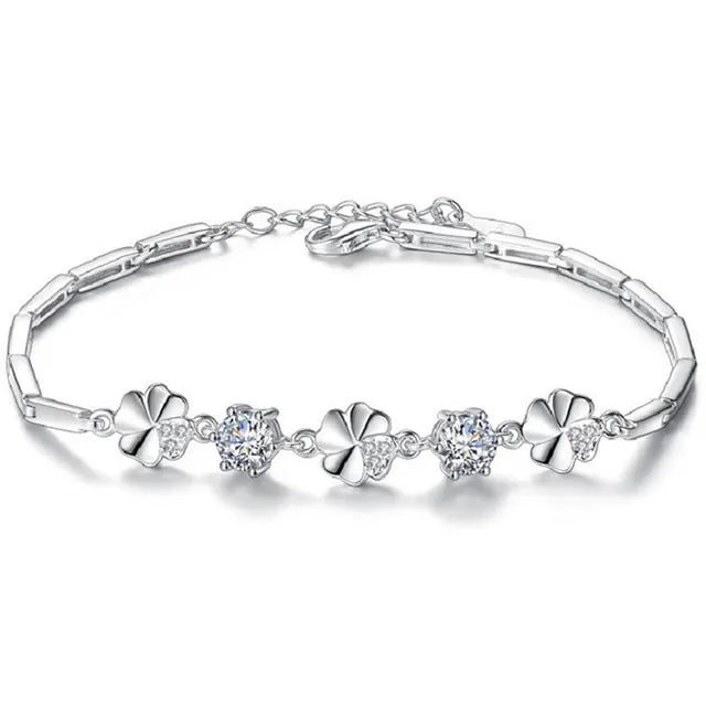 Femme White Gold Silver Color Clover Crystal Jewelry Bracelet