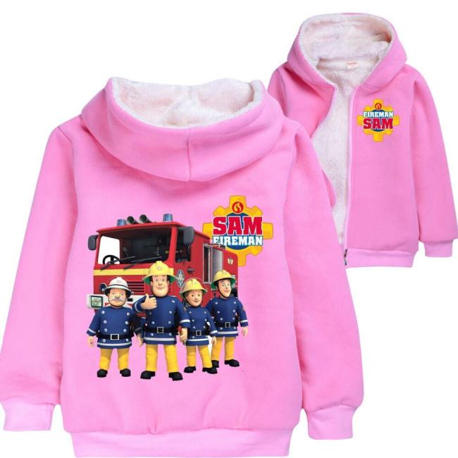 Fireman Sam Print Girls Pink Zip Up Fleece Lined Winter Cotton Hoodie