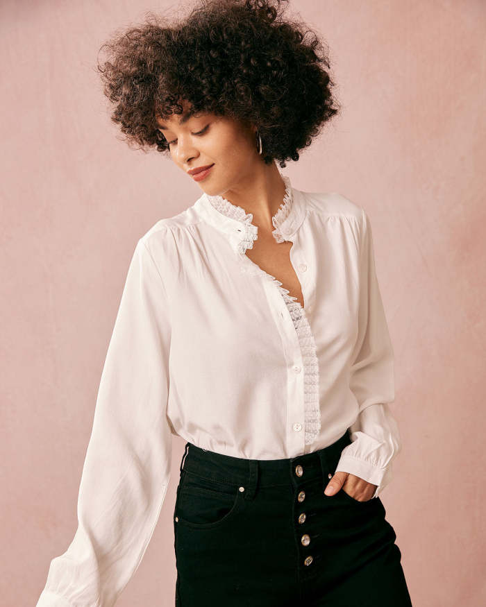 The White Lace Trim Long Sleeve Blouse
