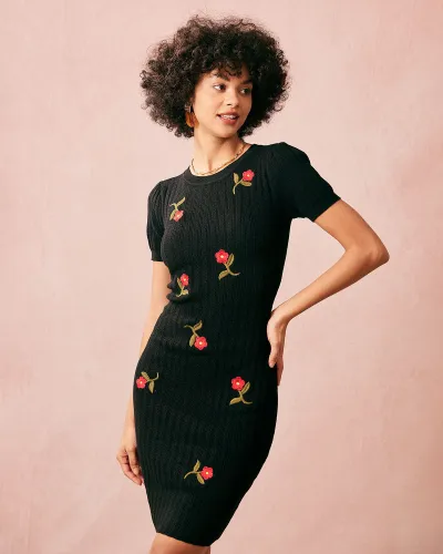 The Black Round Neck Floral Short Sleeve Mini Dress