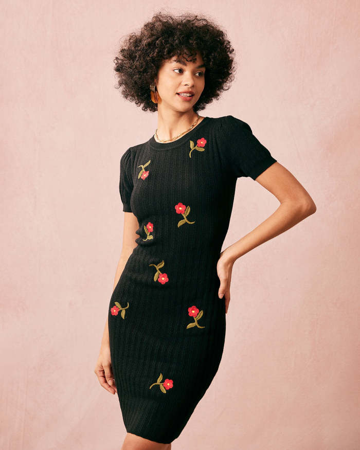 The Black Round Neck Floral Short Sleeve Mini Dress