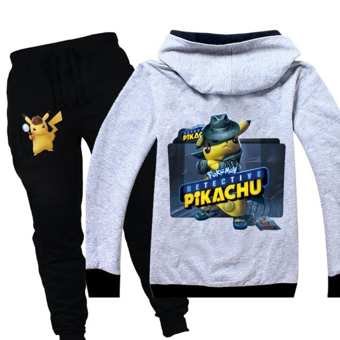 Boys Girls Detective Pikachu Cotton Hoodie And Sweatpants Outfit Set