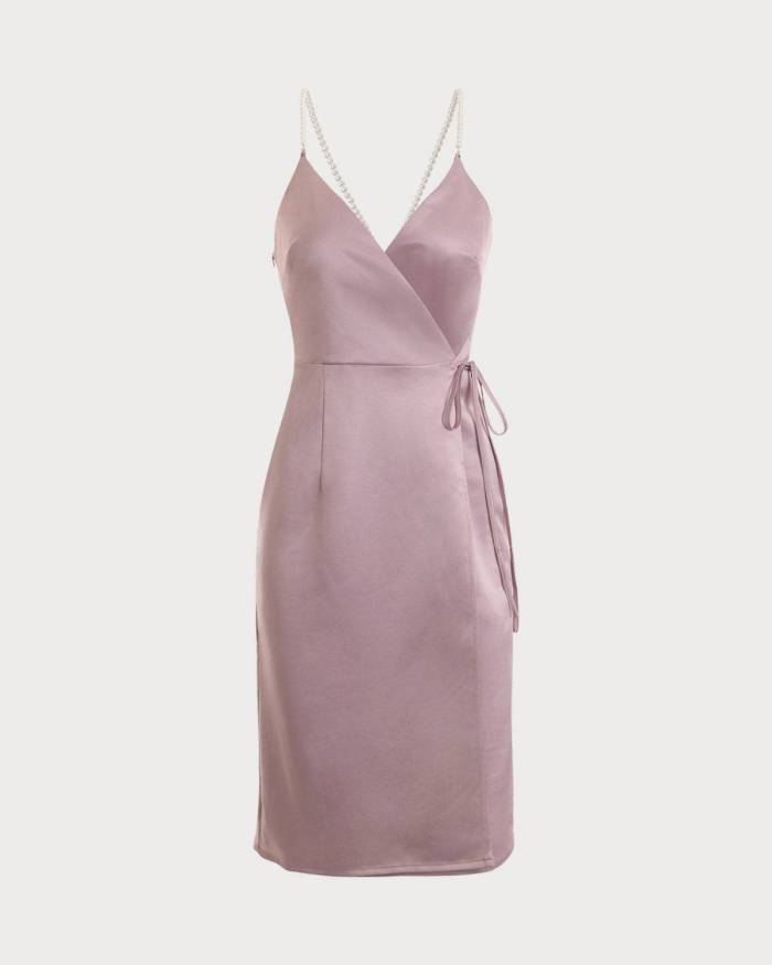 The Satin Pearl Straps Wrap Midi Dress