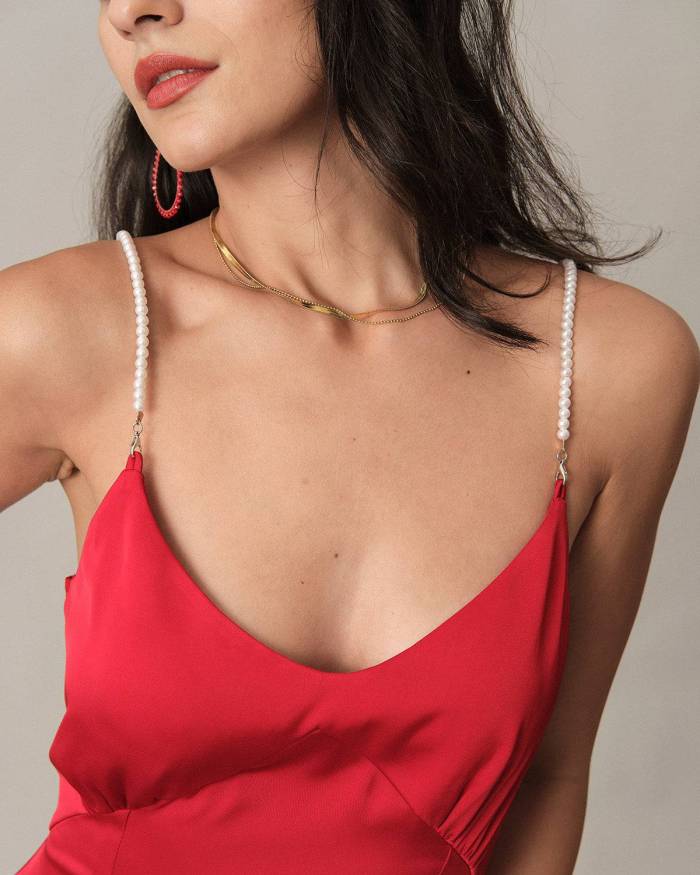 The Red Backless Pearl Strap Midi Dress