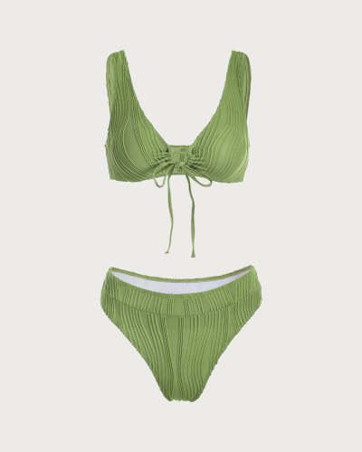 The Green Hollow Out Textured Bikini Set