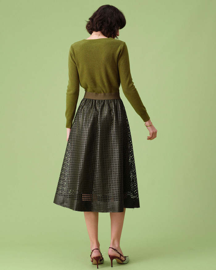 The Green High Waisted Pu Leather Midi Skirt