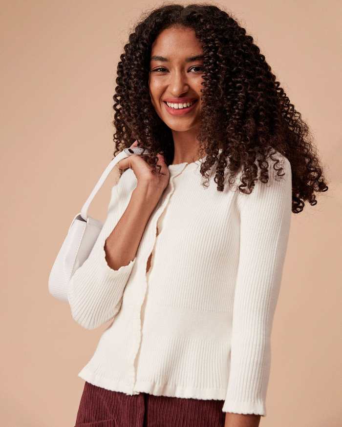 The White Solid Frill Trim Knit Top