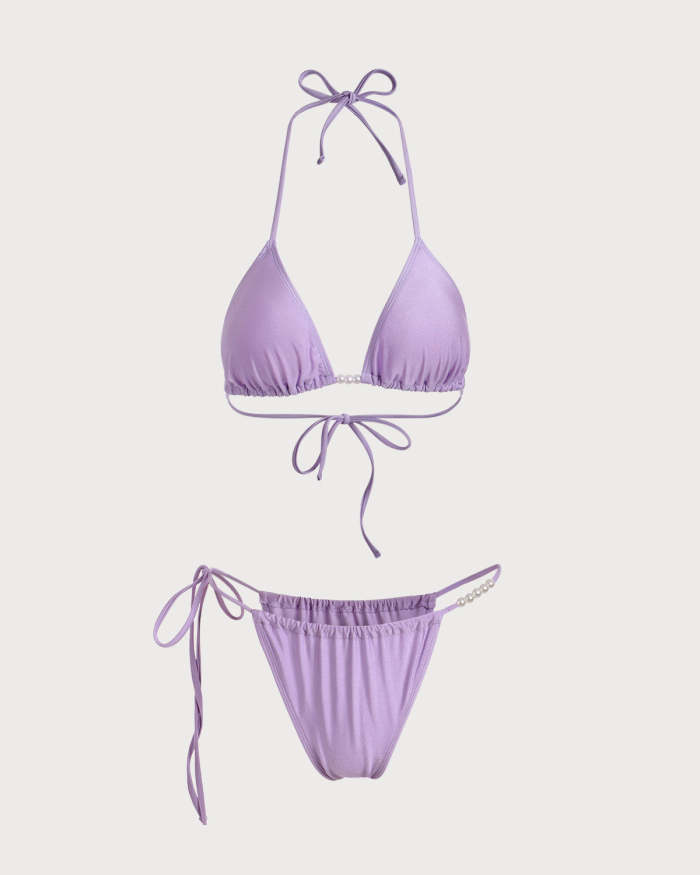 The Purple V Neck Halter Bikini Set